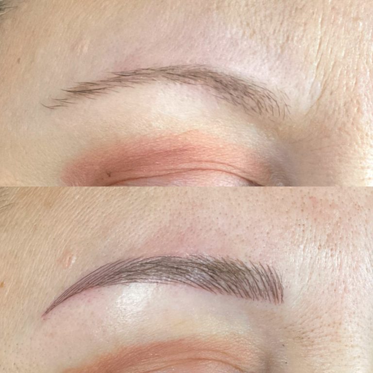 Close-up of an eyebrow before and after microblading; the top shows sparse natural brow, the bottom shows fuller, defined brow with microblading strokes.