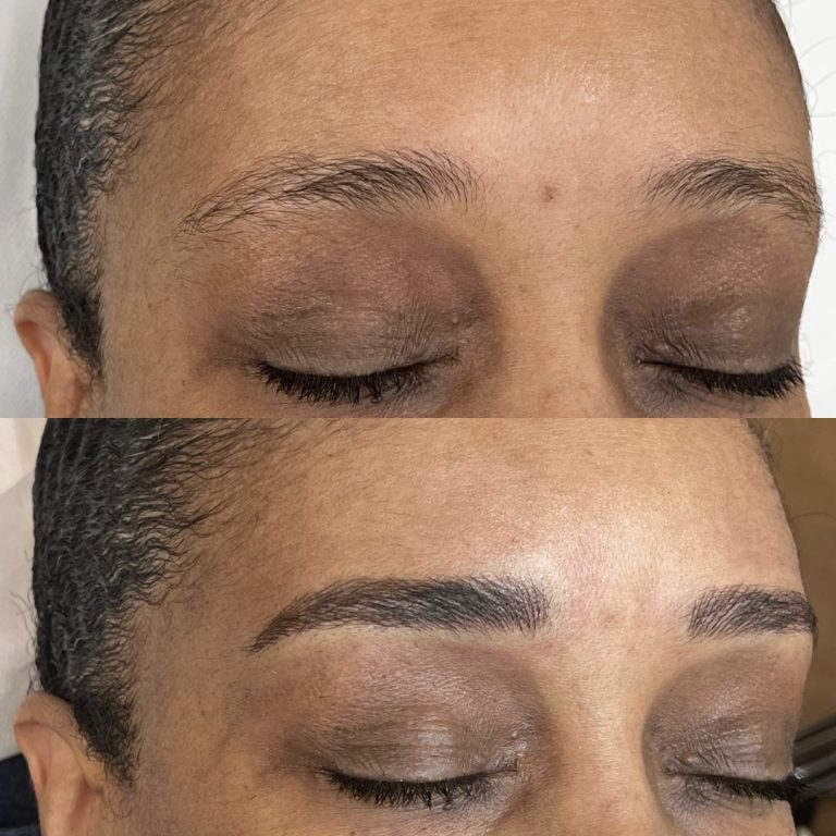 Close-up of a person's closed eyes; the top image shows sparse eyebrows, while the bottom image shows fuller, defined eyebrows after enhancement.