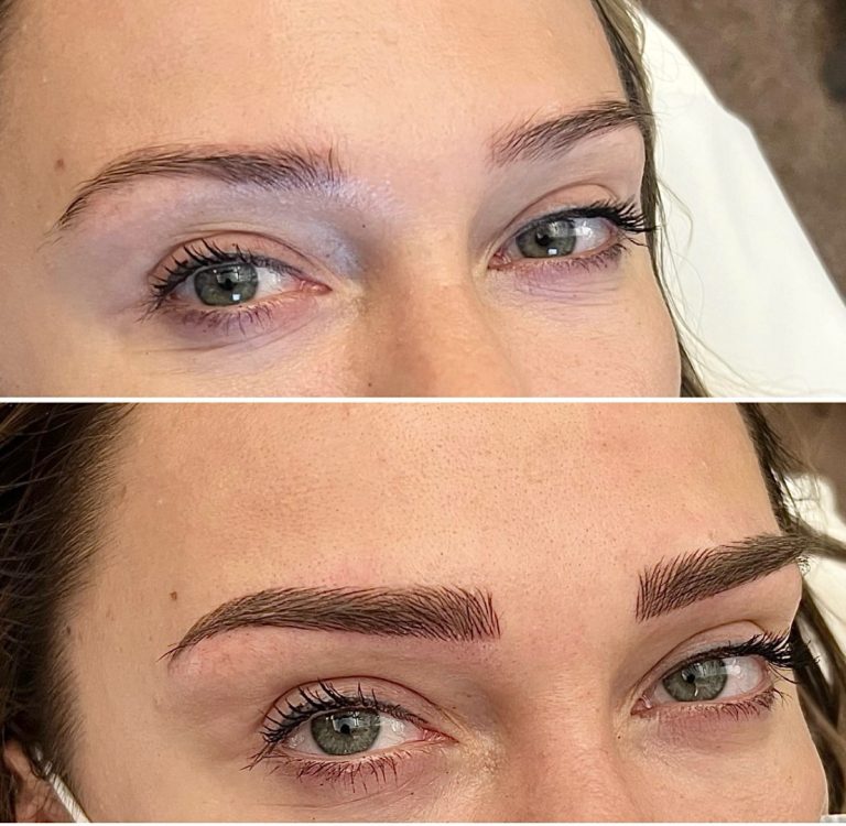 Close-up of a person's eyes showing eyebrows before (sparse, light) and after (darker, fuller, more defined) a microblading treatment.