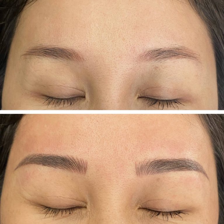 Close-up of a person's closed eyes showing a before and after comparison of eyebrow microblading; the top image shows sparse brows, the bottom shows fuller, defined brows.