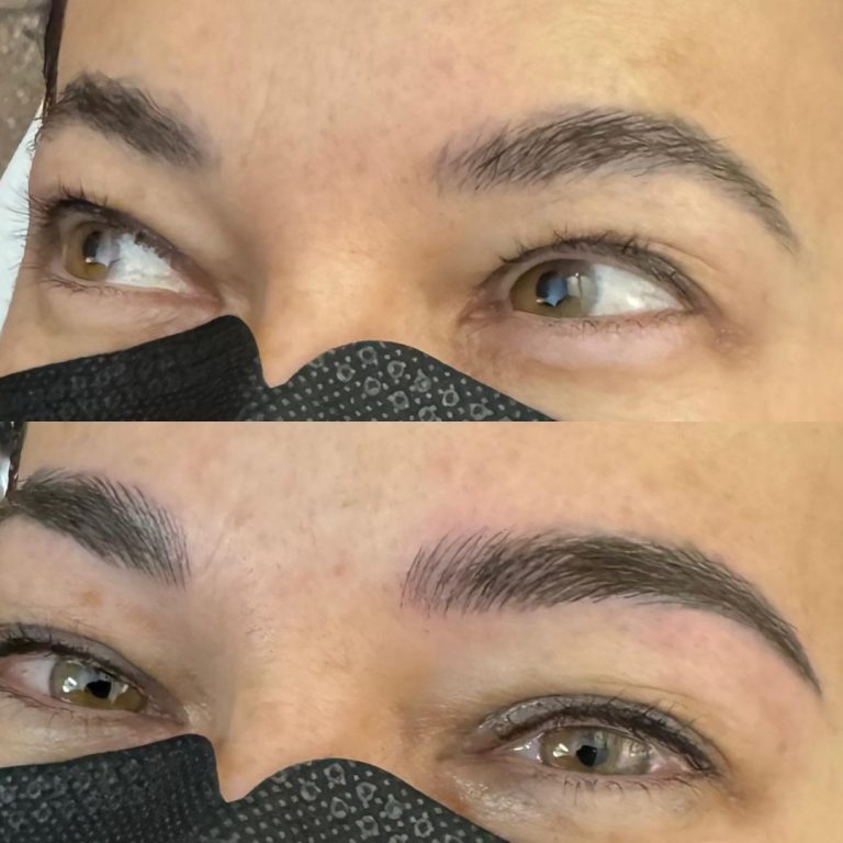 Close-up before and after photos showing eyebrows appearing thinner and lighter in the top image and fuller and darker in the bottom image.