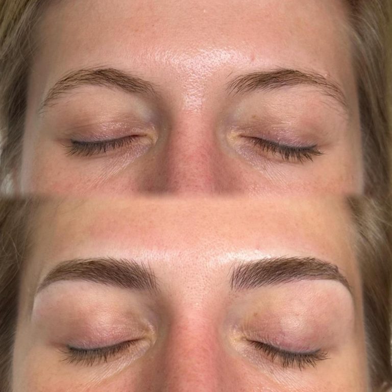 Close-up of a person's closed eyes showing a before and after comparison of eyebrow enhancement; the top image shows sparse eyebrows, the bottom image shows fuller, defined brows.