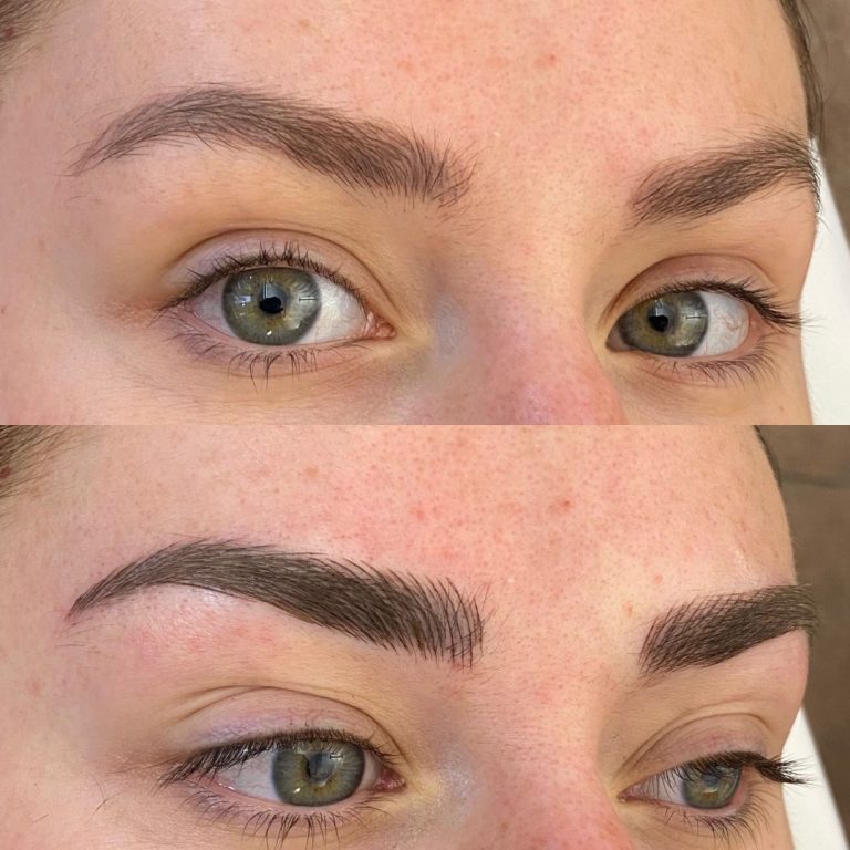 Close-up of a person's eyes and eyebrows, showing a before (top) and after (bottom) comparison of eyebrow enhancement or makeup application.