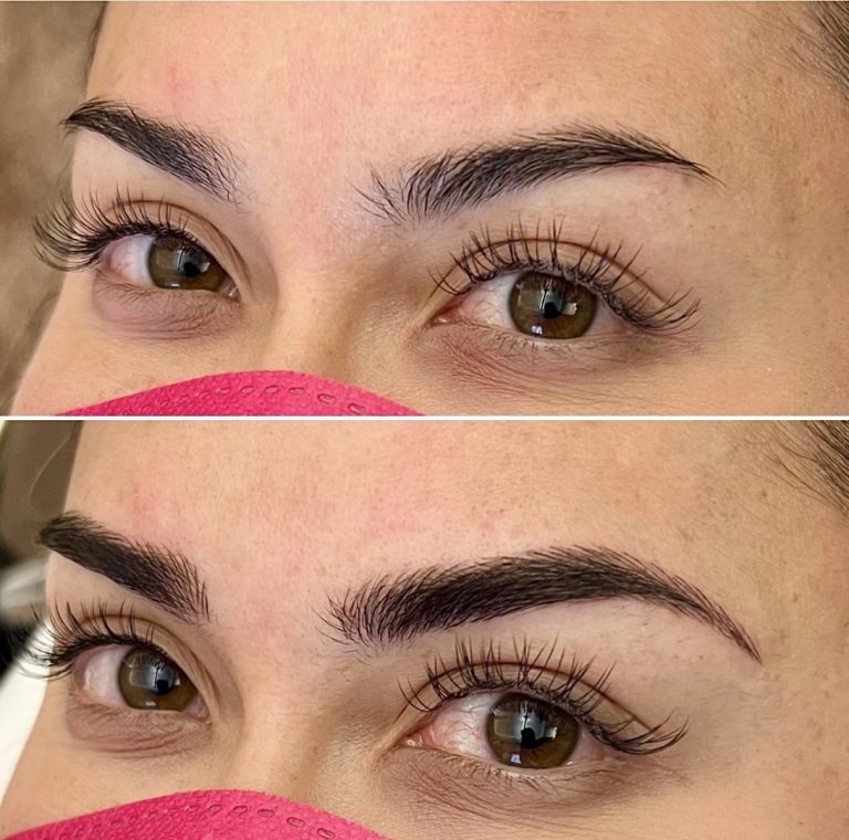 Close-up of a person's eyes showing eyebrows before (top) and after (bottom) a brow treatment; the lower image shows fuller, darker, and more defined eyebrows.