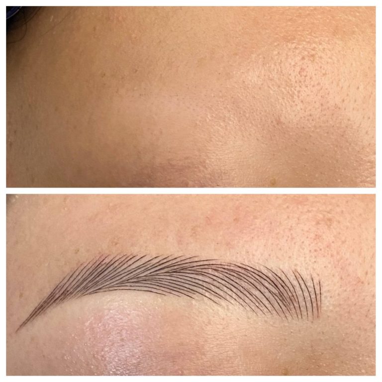 A before-and-after comparison showing an eyebrow area without makeup (top) and with a freshly microbladed eyebrow (bottom).