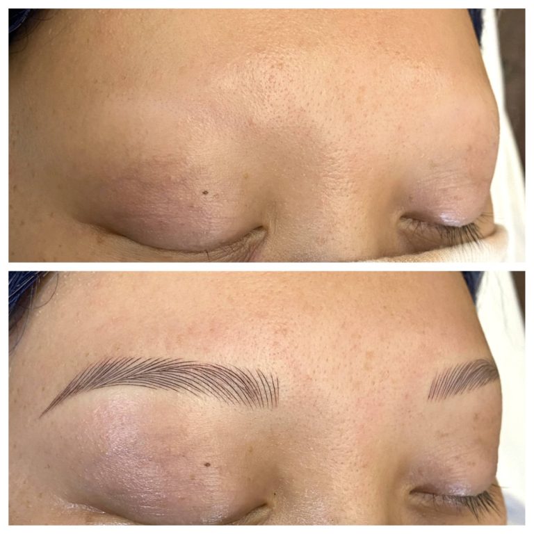 Close-up of a person's closed eyes showing sparse eyebrows in the top image and fuller, natural-looking eyebrows after microblading in the bottom image.