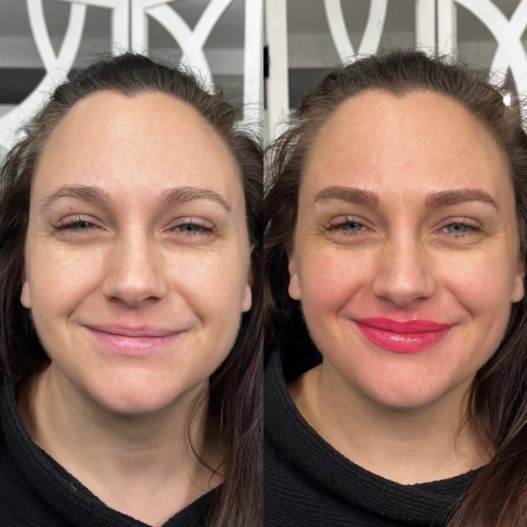 Side-by-side comparison of a woman before and after makeup application; the right side shows enhanced eyebrows, lipstick, and a brighter complexion.