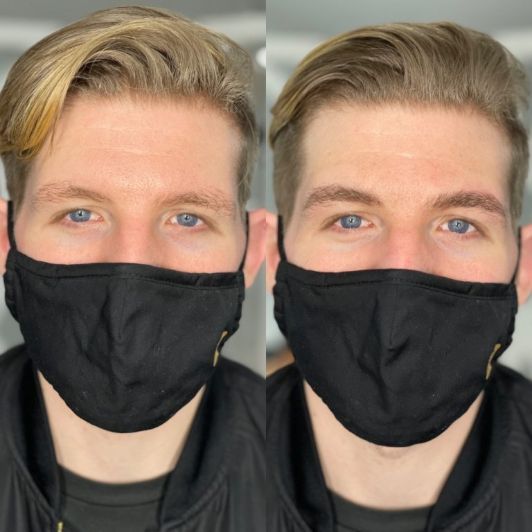 Side-by-side close-up photos of a person with short light brown hair and blue eyes wearing a black face mask and a black jacket, shown from the shoulders up.