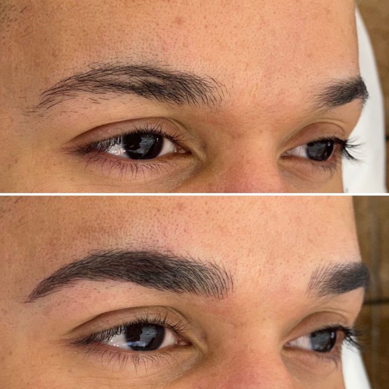 A close-up comparison of eyebrows before and after grooming, showing sparse brows in the top image and fuller, defined brows in the bottom image.