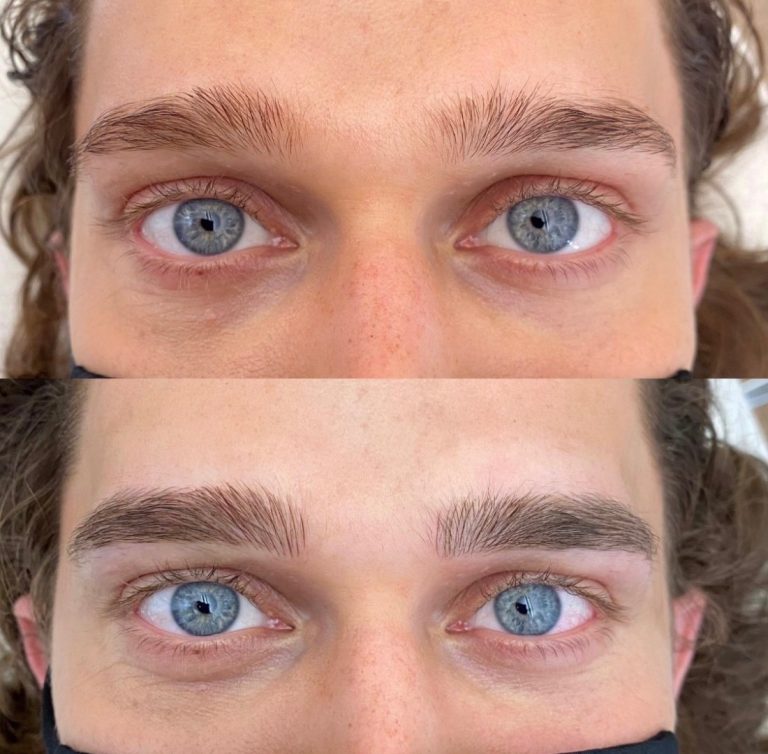Close-up of a person's blue eyes shown in two images; the top shows natural eyebrows, the bottom shows groomed and shaped eyebrows.