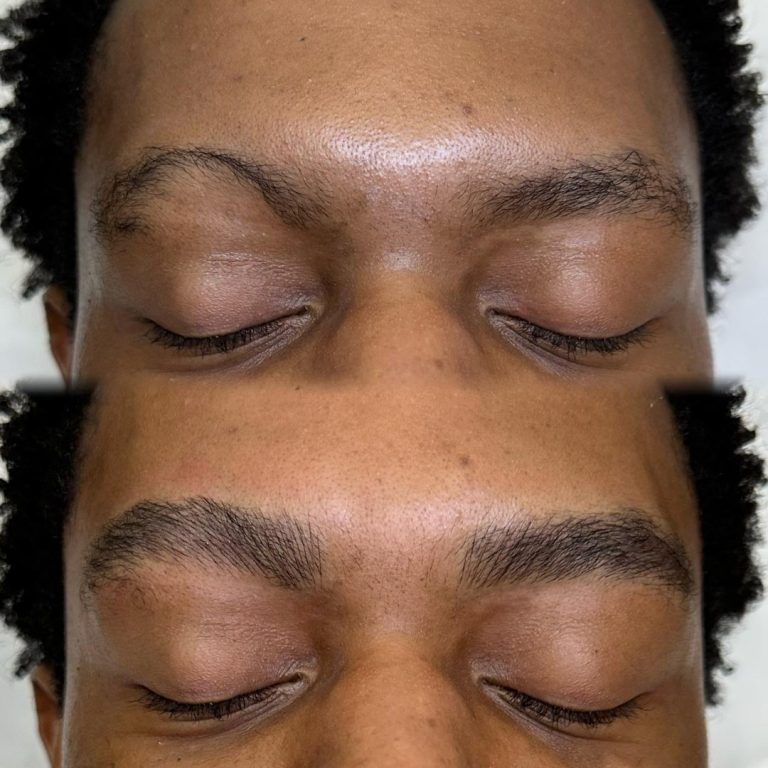 Close-up of a person's face with eyes closed; top image shows thinner eyebrows, bottom image shows fuller, well-groomed eyebrows.