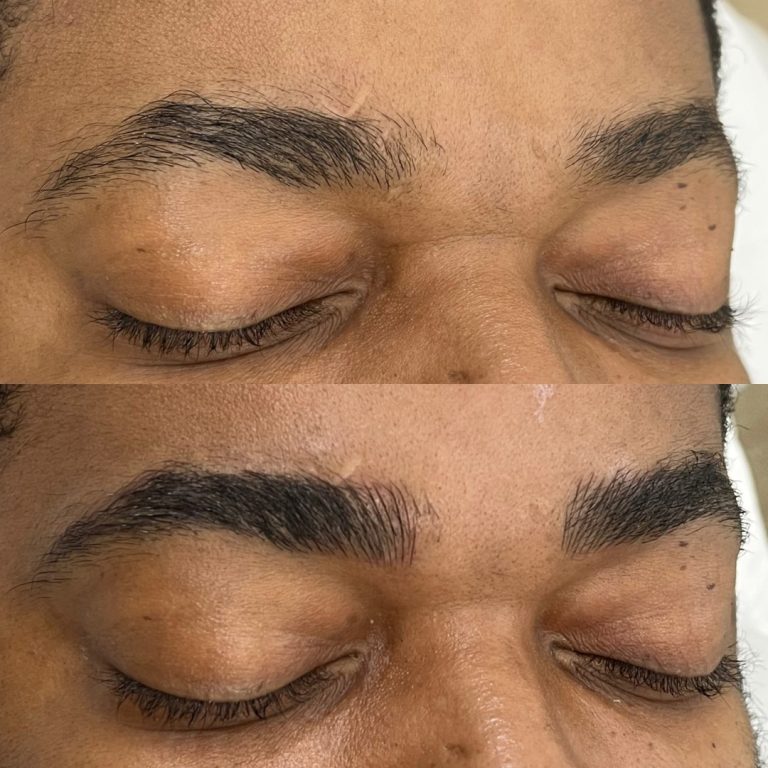 A before and after comparison of a person's closed eyes, showing eyebrow enhancement with fuller, darker, and more defined brows in the after image.