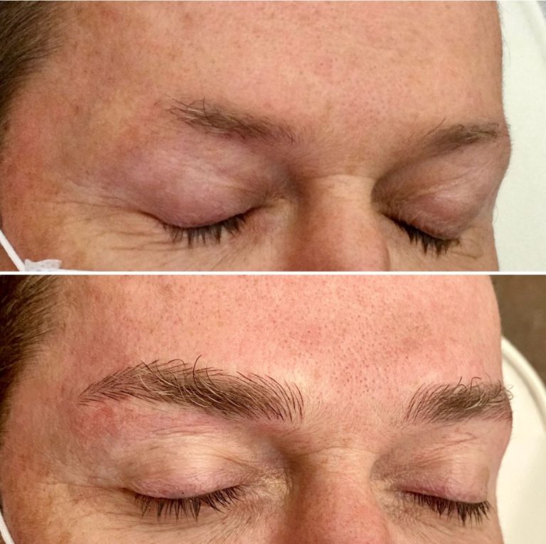 Close-up of a person's closed eyes, showing sparse eyebrows in the top image and fuller, well-defined eyebrows in the bottom image after enhancement.