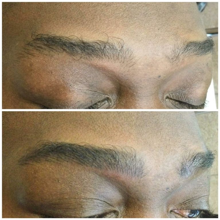 Close-up of a person's eyebrows before and after grooming; the top shows unshaped brows, and the bottom shows neatly shaped and defined brows.