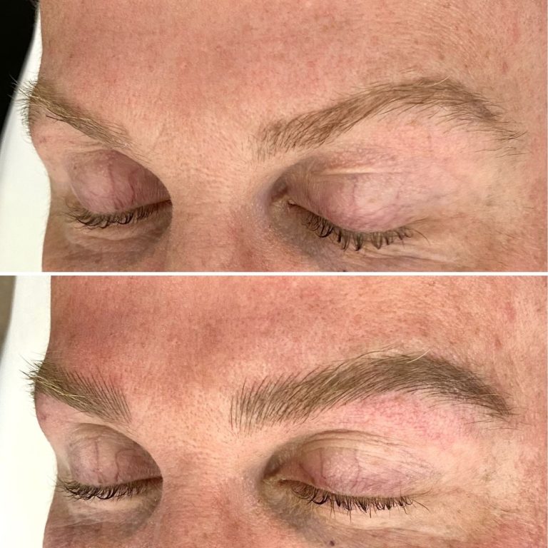 Close-up comparison of a person's eyebrows before and after grooming; the top shows sparse eyebrows, while the bottom shows fuller, well-defined eyebrows.