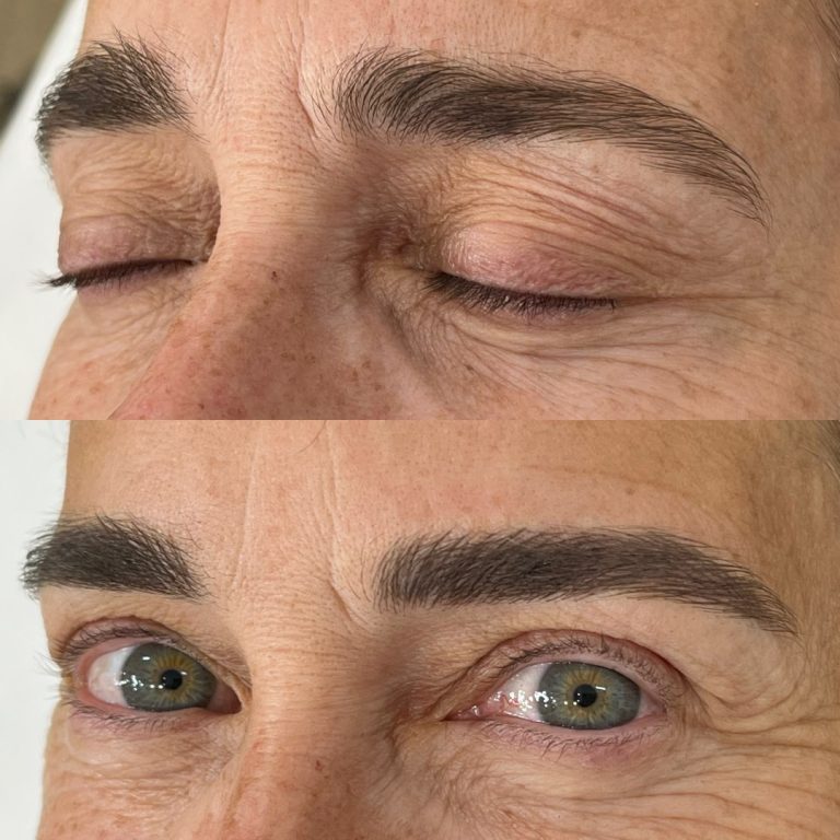Close-up of a person's eyes showing before (top, eyes closed, sparse brows) and after (bottom, eyes open, fuller eyebrows) results of eyebrow enhancement treatment.