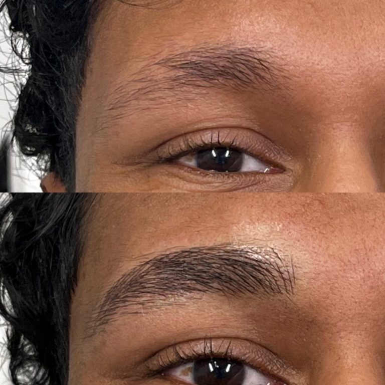 Close-up of a person's eye area showing a before and after comparison of eyebrow grooming, with fuller and more defined eyebrows in the after image.