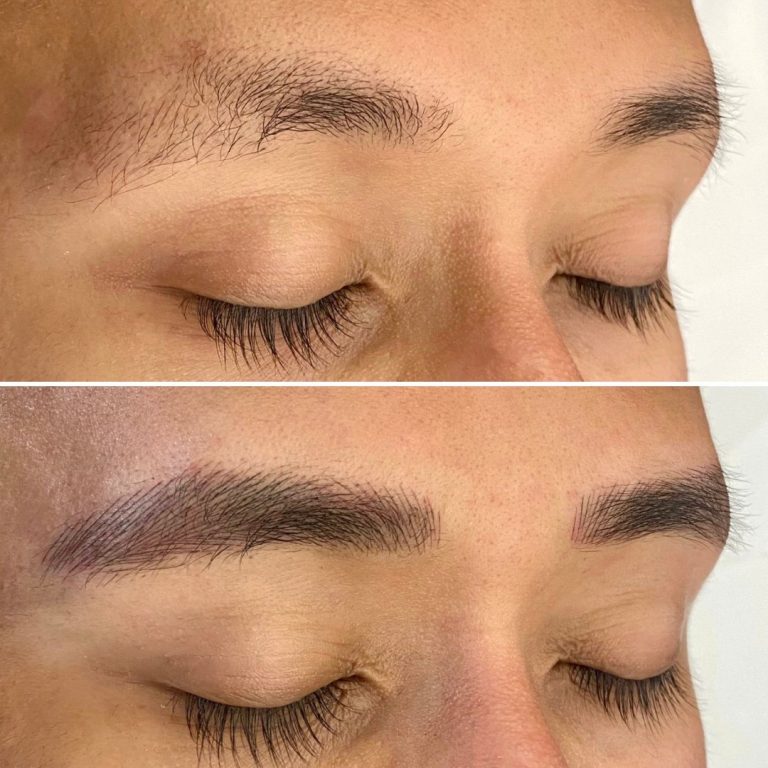 Close-up of a person's closed eyes showing eyebrows before (sparse) and after (fuller and darker) an eyebrow enhancement treatment.