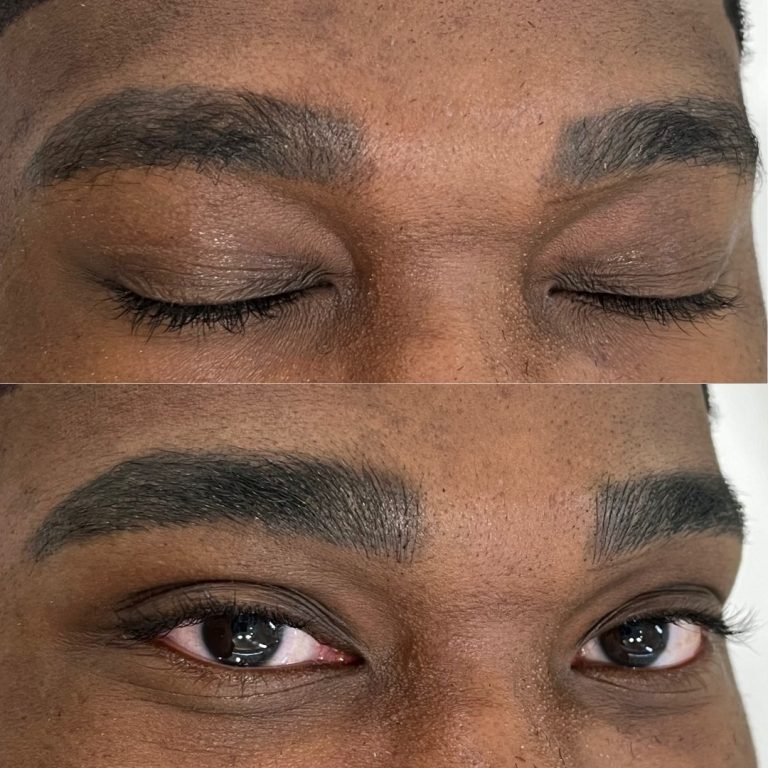 Close-up of a person's eyebrows before and after grooming; the top image shows natural brows, the bottom image shows shaped and defined brows with eyes open.