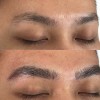 Close-up of closed eyes showing eyebrows before (sparse) and after (fuller, darker) a cosmetic eyebrow enhancement procedure.
