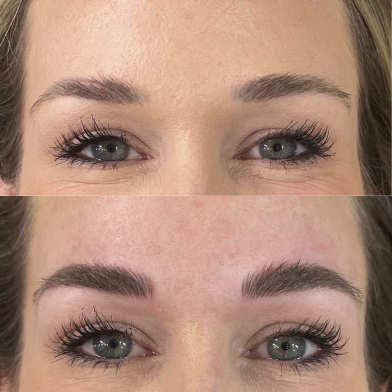 Before and after close-up of a woman's eyes showing thinner natural eyebrows on top and fuller, more defined eyebrows on the bottom, likely after cosmetic enhancement.