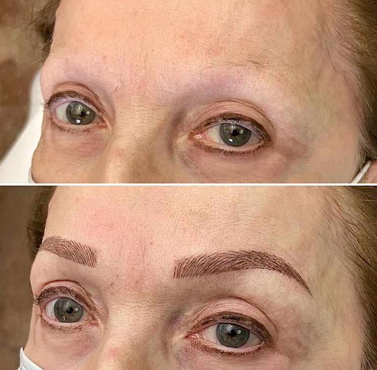 A close-up comparison showing a woman's face before and after eyebrow microblading; the top image shows sparse brows, the bottom shows fuller, defined brows.