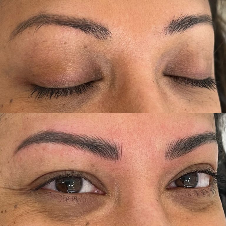 Close-up of a person’s eyebrows before and after cosmetic enhancement; the top shows sparse brows, and the bottom shows fuller, more defined eyebrows.