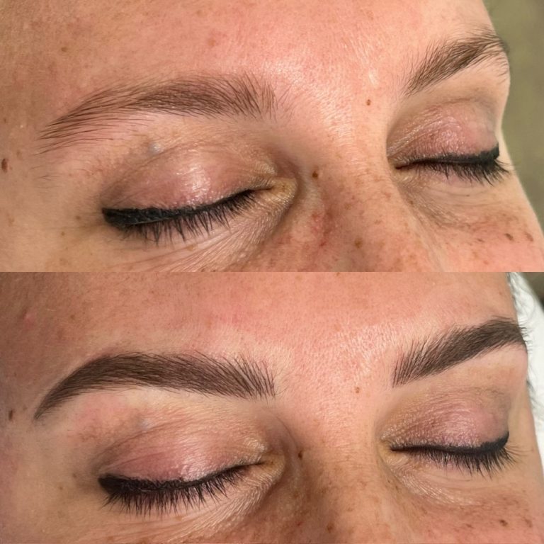 Close-up of closed eyes showing eyebrows before (sparse, light) and after (fuller, darker, defined) eyebrow enhancement treatment.