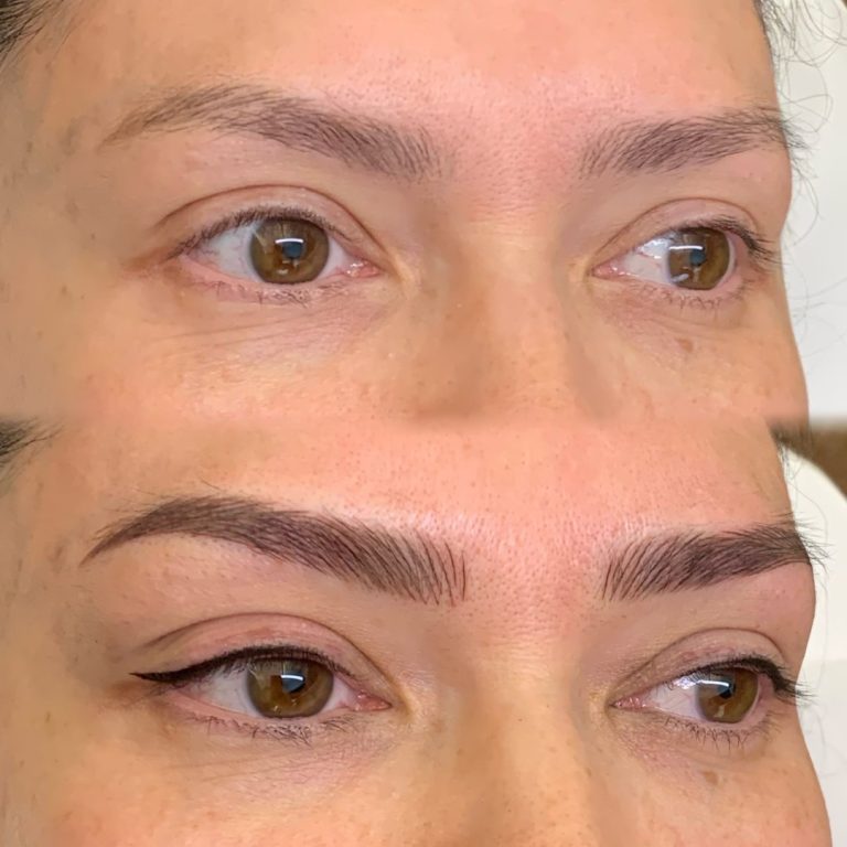 Before and after comparison of eyebrows, showing natural sparse brows above and filled, defined brows with makeup or microblading below.