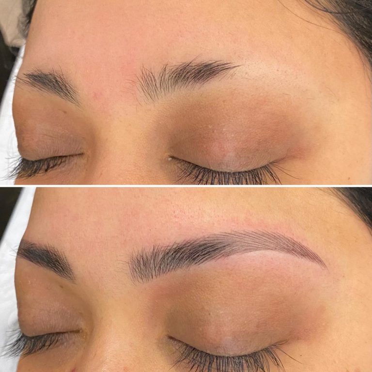 Before and after comparison of eyebrows; the top image shows natural, unshaped brows, while the bottom image shows groomed and defined eyebrows.