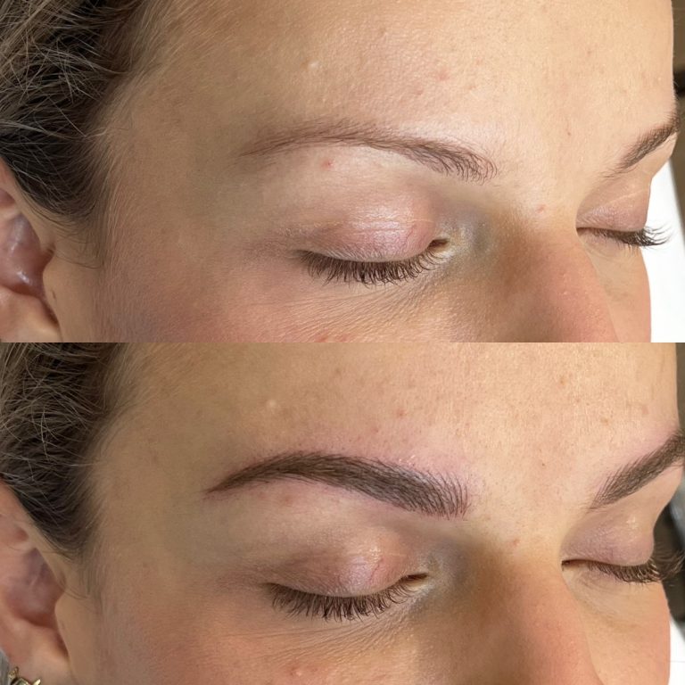 Close-up of a person's closed eyes, showing a comparison of eyebrows before and after a cosmetic enhancement. The top image shows sparse eyebrows; the bottom image shows fuller, defined eyebrows.