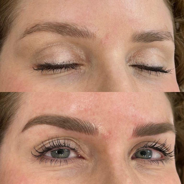 Top: Close-up of closed eyes with natural, sparse eyebrows. Bottom: Same eyes open with fuller, well-defined eyebrows and makeup.