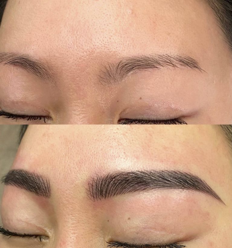 Close-up of closed eyes showing eyebrows before and after microblading. Top image shows sparse brows; bottom image shows fuller, well-defined brows.