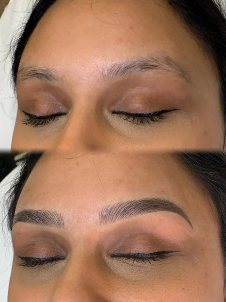 Close-up of a woman's face with eyes closed; the top image shows sparse eyebrows, and the bottom image shows fuller, defined eyebrows after enhancement.