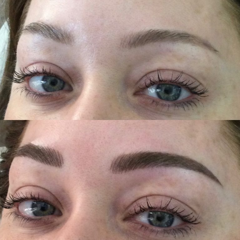 Close-up of a person's eyes showing a before and after comparison of eyebrow enhancement; the top image has sparse brows, the bottom has fuller, defined brows.