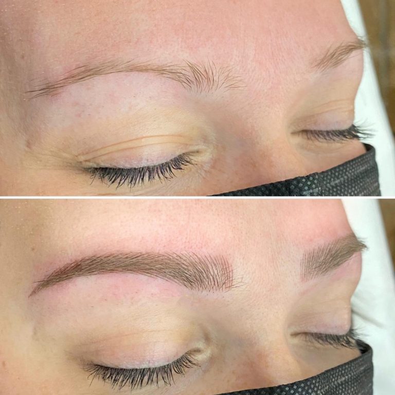 Close-up of closed eyes showing a before and after of eyebrow microblading; the top image shows sparse brows, the bottom shows fuller, defined brows.