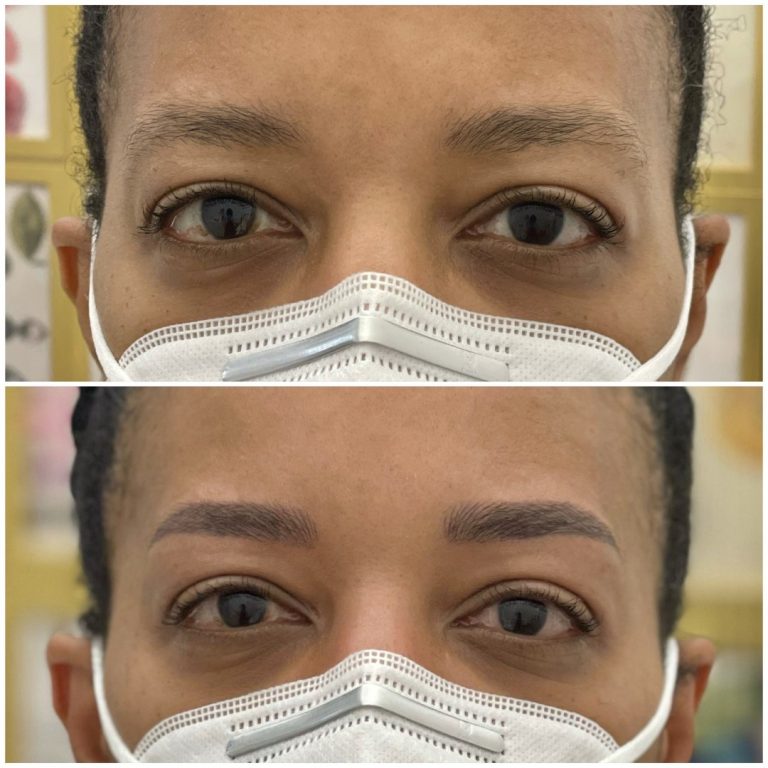 Two close-up photos of a person's eyes wearing a white mask; the top shows natural eyebrows, and the bottom shows fuller, defined eyebrows after enhancement.