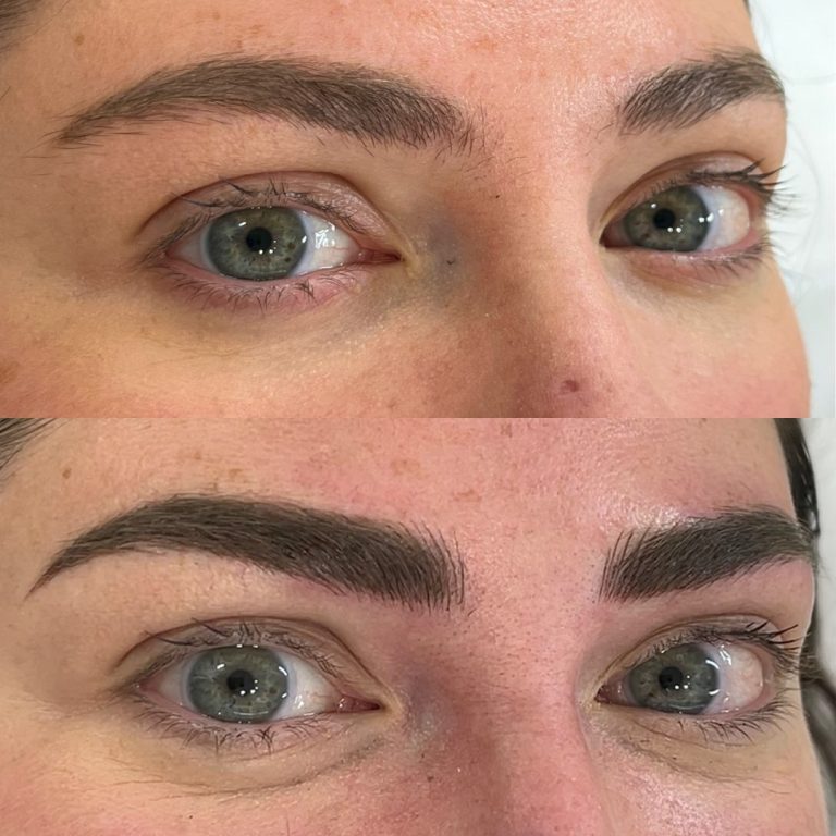 Close-up comparison of a person's eyes and eyebrows before (top) and after (bottom) eyebrow enhancement, showing fuller and more defined eyebrows in the after image.