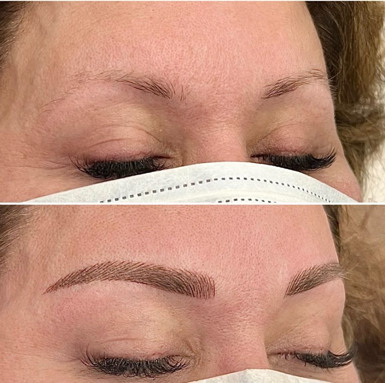 Close-up of a person's eyes before and after eyebrow microblading; top image shows sparse brows, bottom image shows fuller, defined brows. Both images show the person wearing a mask.
