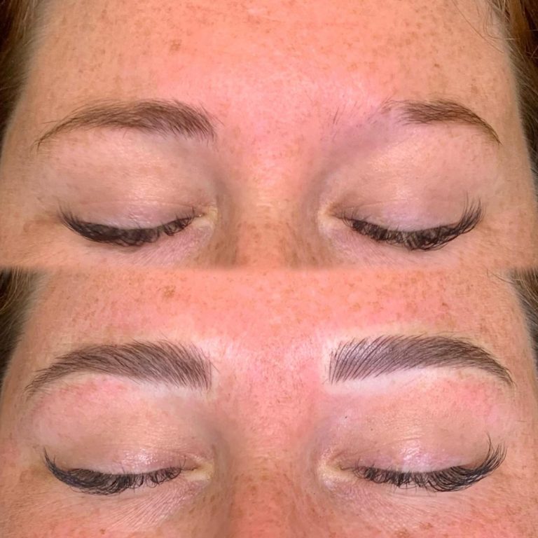Before and after comparison of closed eyes showing natural sparse eyebrows above, and fuller, shaped eyebrows below, likely after a cosmetic treatment.