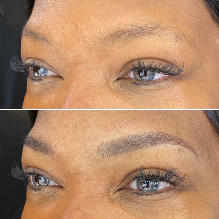 Close-up of a woman's eyes showing a before and after of eyebrow microblading; the top image shows sparse eyebrows, the bottom image shows fuller, defined eyebrows.