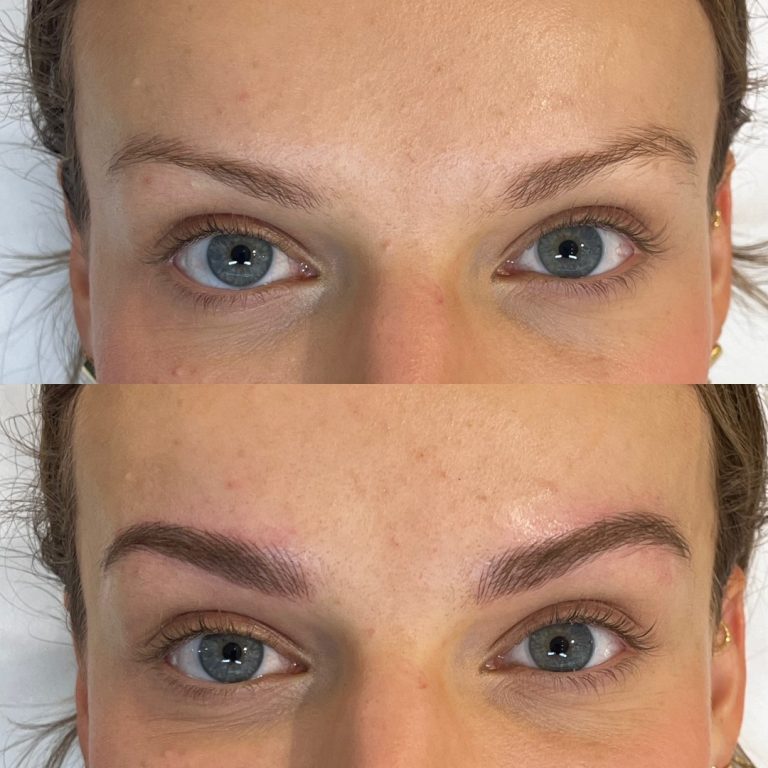 Close-up of a person's eyes, showing a before and after of eyebrow enhancement. The top image shows natural brows; the bottom image shows fuller, shaped brows.