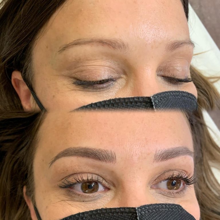 Before and after comparison of a woman's eyebrows showing sparse natural brows above and fuller, defined brows with makeup or microblading below.