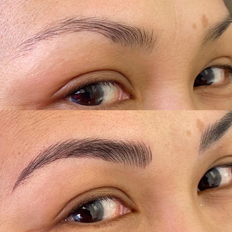 Close-up of a person's eyes showing eyebrows before and after enhancement; the top image shows sparse brows, the bottom shows fuller, more defined brows.