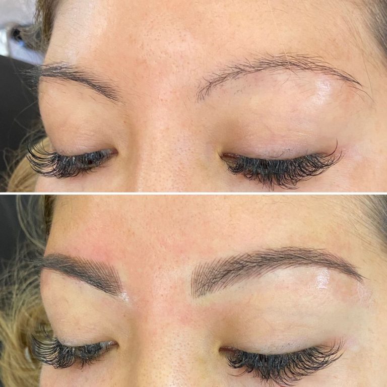 Close-up of a woman's eyes showing a before and after of eyebrow microblading; eyebrows appear sparse in the top image and fuller with defined shape in the bottom image.
