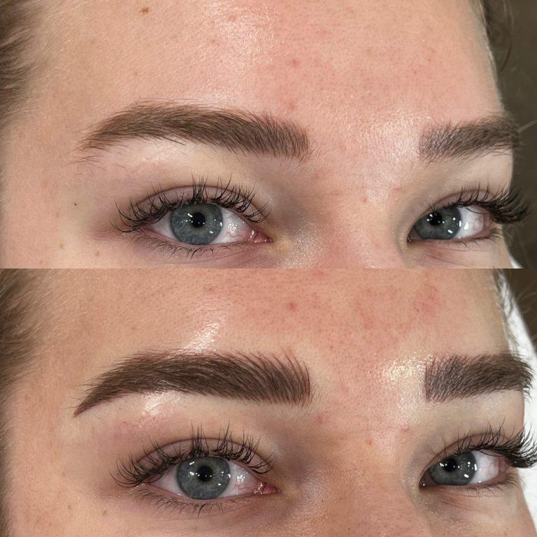 Close-up of a person's eyes and eyebrows, showing a before (top) and after (bottom) comparison of eyebrow enhancement or grooming.