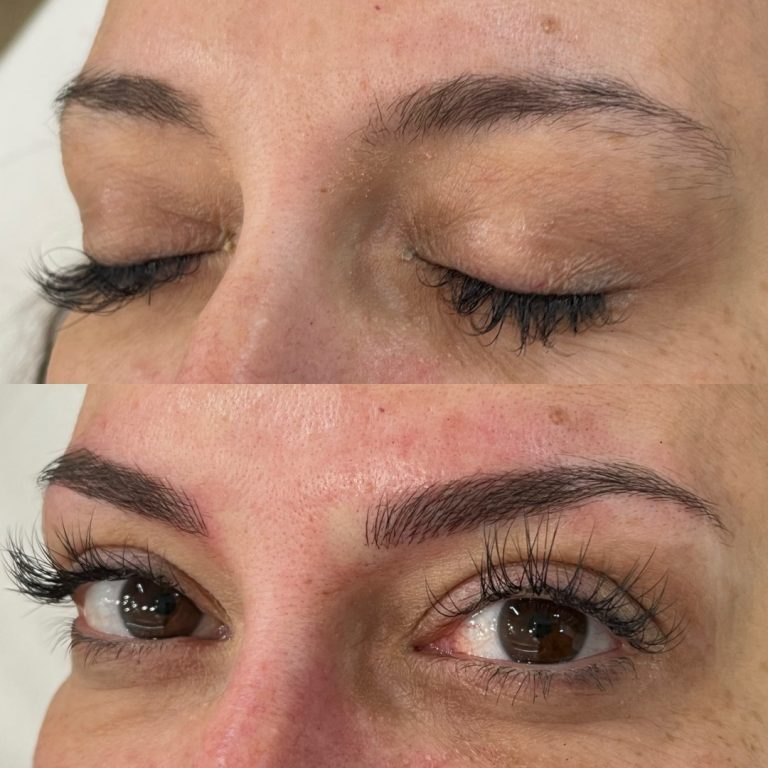 Before-and-after comparison of a woman's eyes showing natural eyebrows before and fuller, defined eyebrows after cosmetic enhancement.
