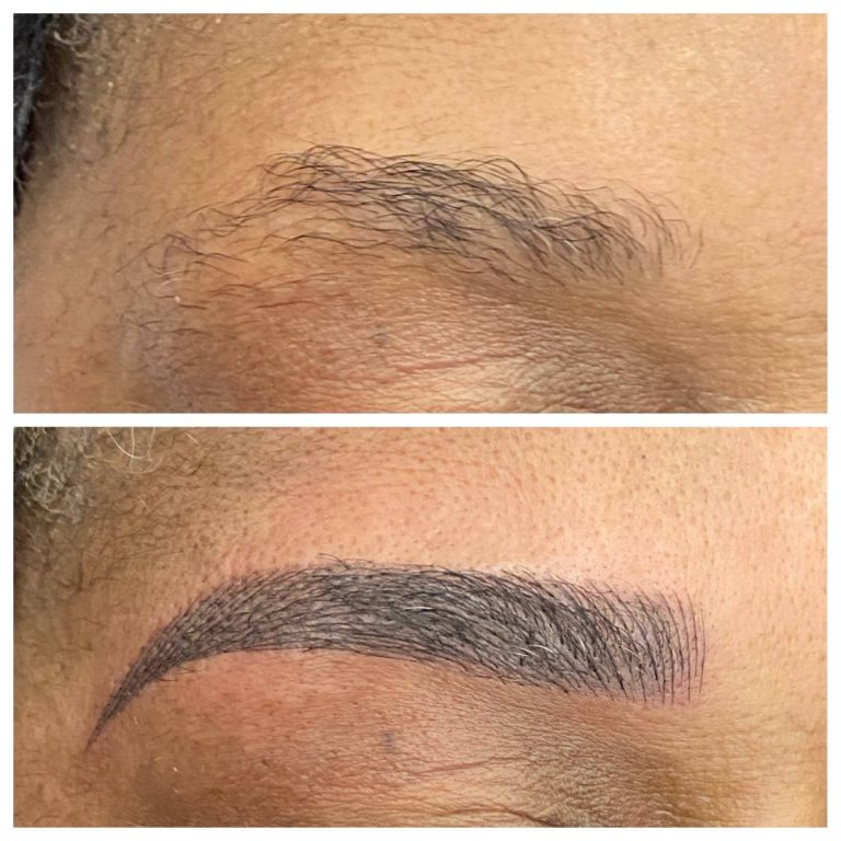 Close-up of an eyebrow before and after microblading; the top shows sparse natural hairs, the bottom shows fuller, well-defined, and neatly shaped brows.