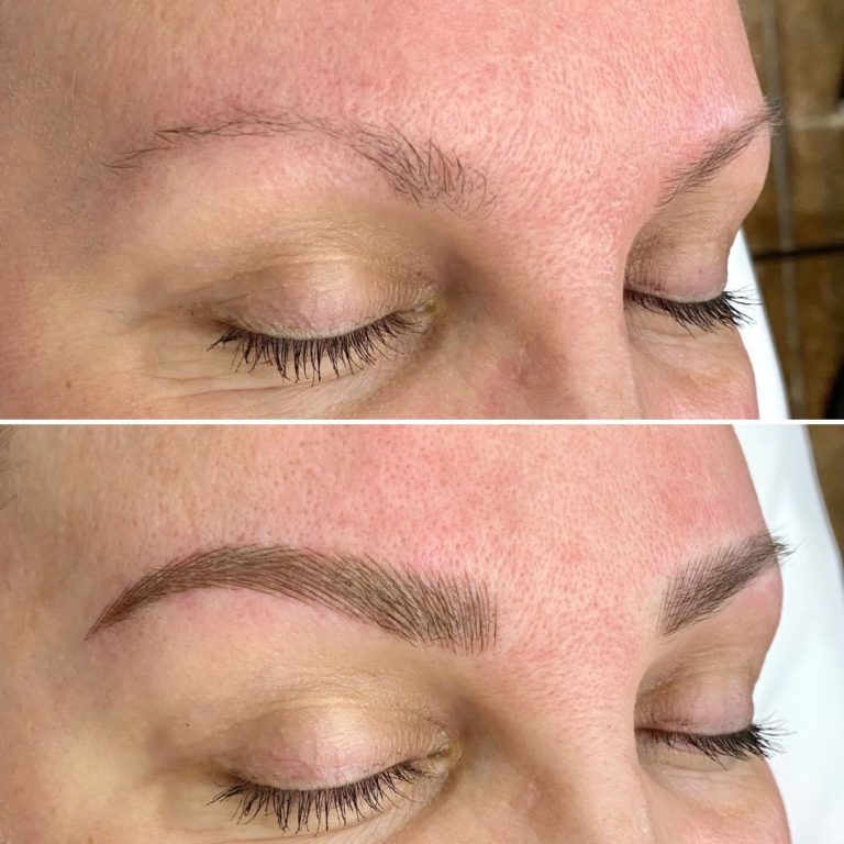 Before and after images of a person's eyebrows, showing thin, sparse brows in the top photo and fuller, well-defined brows in the bottom photo, likely after a cosmetic procedure.