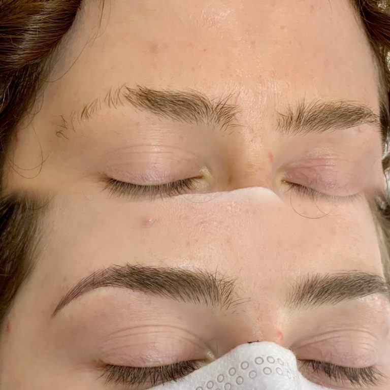 Close-up of a person's eyebrows before and after grooming. The top shows natural, unshaped brows; the bottom shows neatly shaped and defined brows. Eyes are closed in both images.